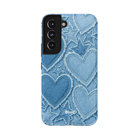 Heart Stitch Samsung Case: stitched hearts and stars in various shades of denim