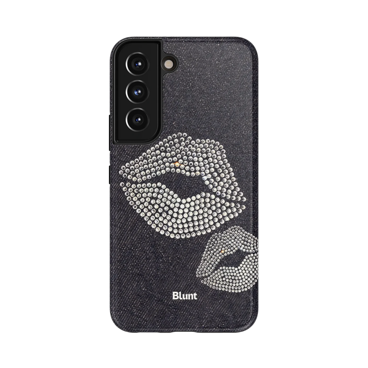 XO Spark Samsung Case: shimmering beaded lips on a black denim background