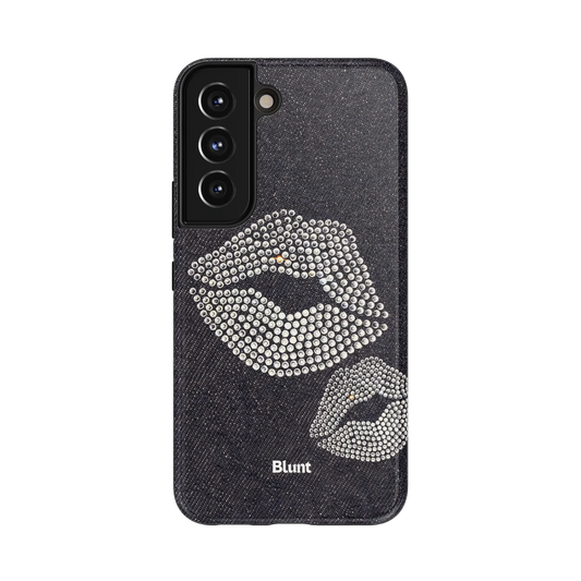 XO Spark Samsung Case: shimmering beaded lips on a black denim background