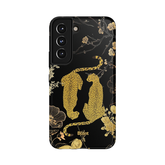 Suri Jade Samsung Case: two golden leopards amidst ornate floral designs on a black background