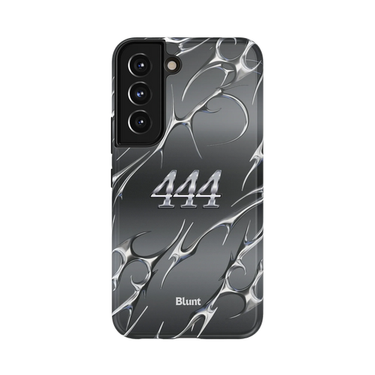 Shadow 444 Samsung Case: metallic chrome numbers '444' amidst abstract spikes on grey