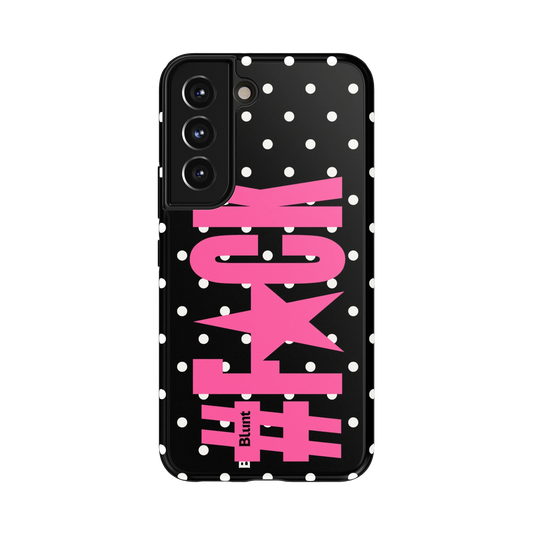 Polka Riot Samsung Case: dynamic pink typography on a black field with white polka dots