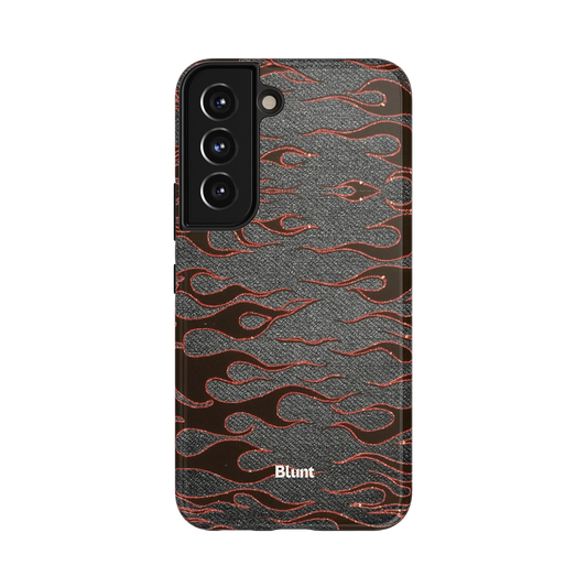 Steel Flame Samsung Case: sparkling rhinestone flames set against a deep grey denim