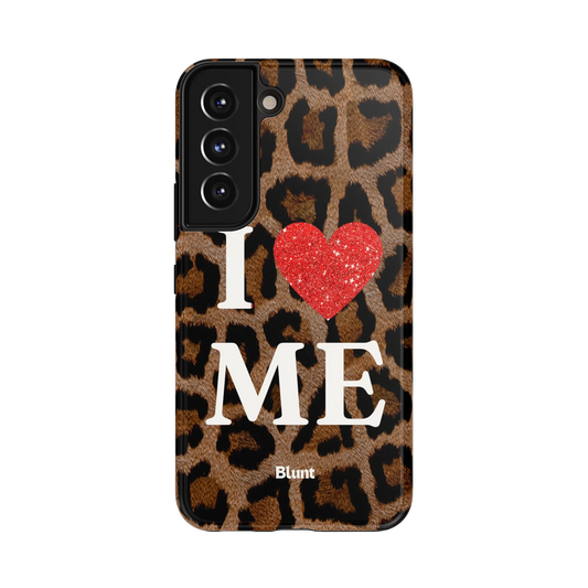 Cheetah I Love Me Samsung Case: a classic brown cheetah pattern accented with a red glitter heart and bold text