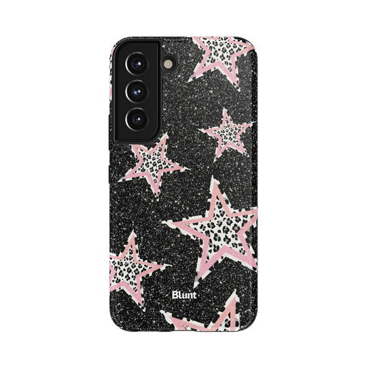 Pink Zebra Stars Samsung Case: pink zebra stars with black and white animal print on a glittery black background