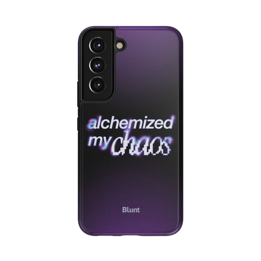 Chaotic Alchemy Samsung Case: glitchy white text 'alchemized my chaos' against a deep purple gradient