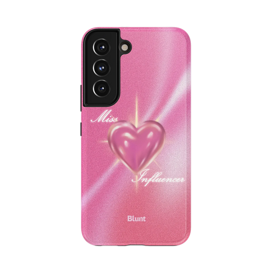 Miss Influencer Samsung Case: a central glossy heart and cursive 'Miss Influencer' text on a soft pink background