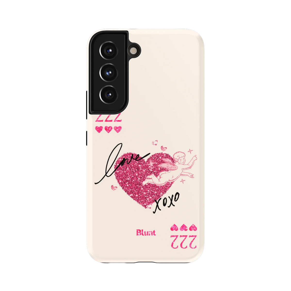 222 Xoxo Samsung Case: a pink glitter heart with a cherub on a white background