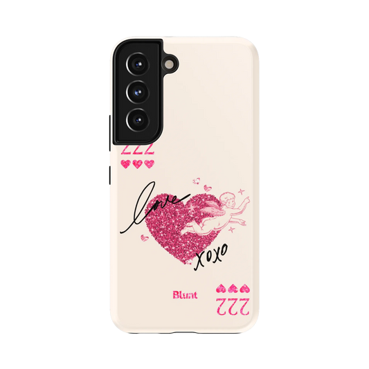 222 Xoxo Samsung Case: a pink glitter heart with a cherub on a white background
