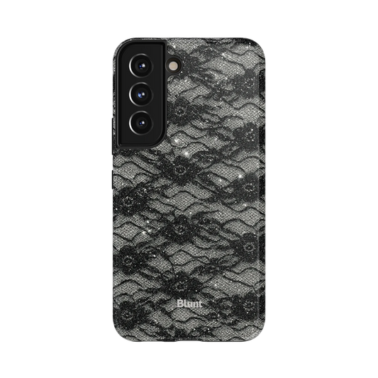 Veil Samsung Case: ornate black lace details on a dark, textured surface