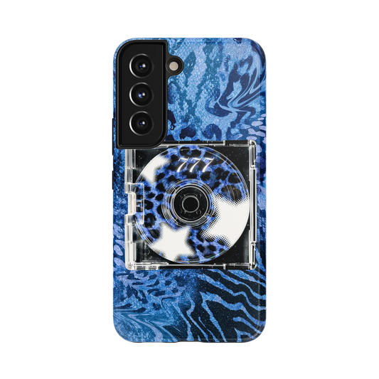 777 Mix Samsung Case: a swirling blue animal print background with a central CD disk