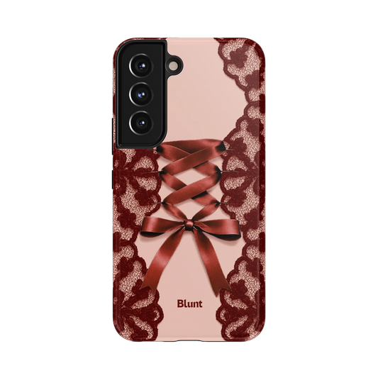 Rosette Corset Samsung Case: burgundy lace rosettes with a satin bow on pink