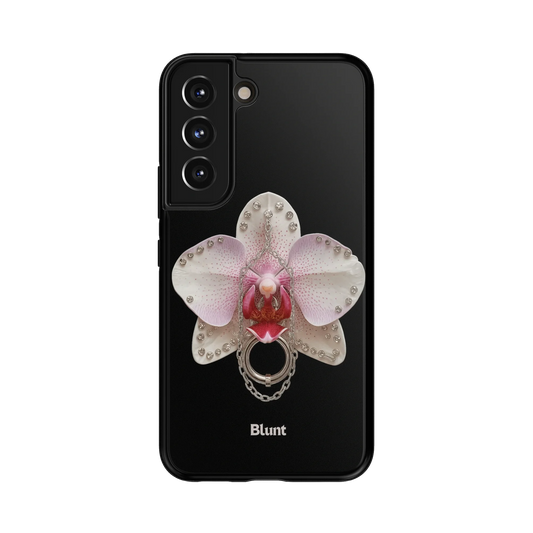 Ethereal Kiss Samsung Case: a central orchid with delicate pink and white petals on a black background