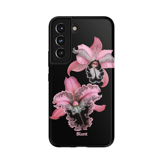 Blush Fever Samsung Case: pink orchids with intricate details on a black background
