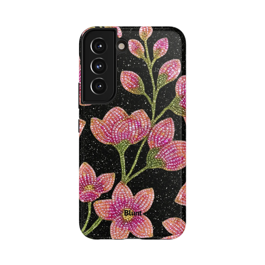 Stardust Bloom Samsung Case: lush pink flowers intertwined with green leaves on a glittery black surface