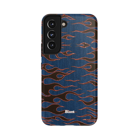 Midnight Heat Samsung Case: glittering rhinestone flames over a deep blue denim background