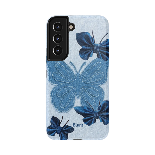 Butterfly Stitch Samsung Case: blue butterflies stitched on a denim patchwork background