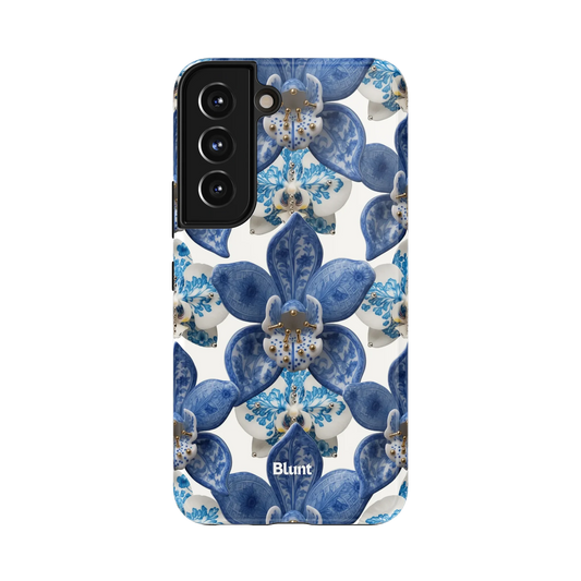 Sapphire Orchid Samsung Case: a pattern of sapphire-hued orchids against a white ground
