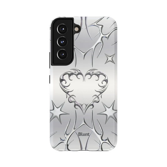 Angel Core Samsung Case: metallic chrome hearts and stars on a glossy white background