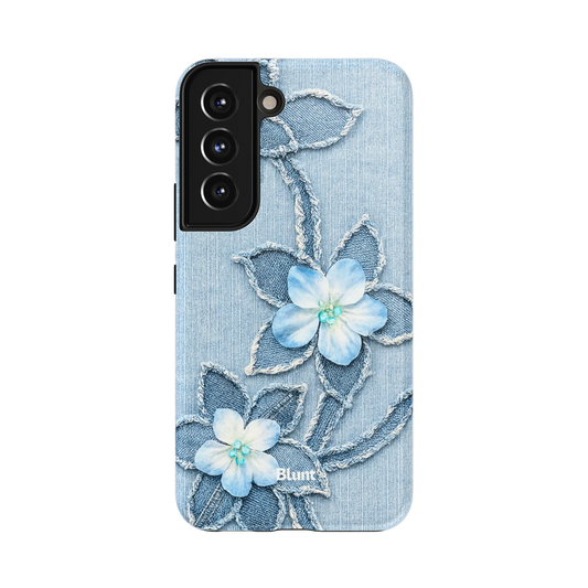 Denim Blue Bloom Samsung Case: delicate white and blue flowers on a denim patchwork background