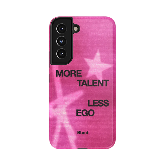 Talent Era Samsung Case: the phrase 'More Talent Less Ego' in black against a pink backdrop