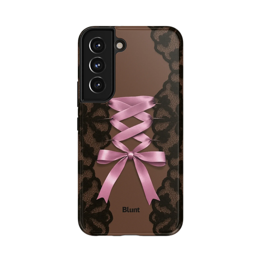 Brown Corset Samsung Case: a brown corset design with pink ribbon lacing