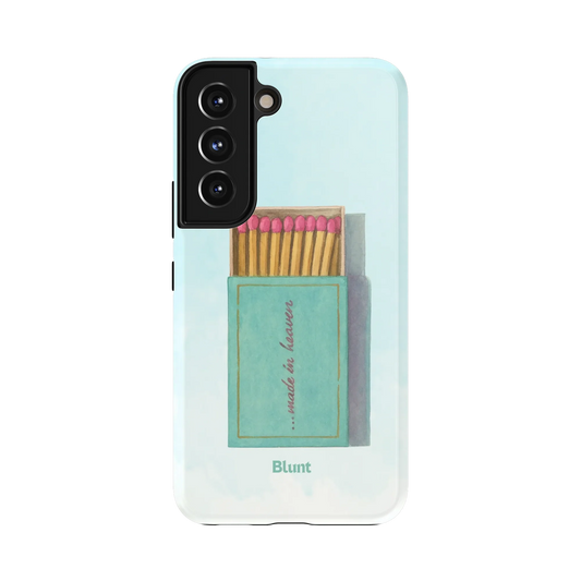 Retro Sparks Samsung Case: a vintage matchbox with pink-tipped matches on a soft blue background