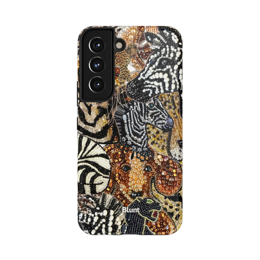 Beaded Prints Samsung Case: a collage of zebra and leopard beaded motifs on beige