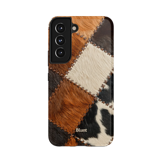 Cowbelle Samsung Case: a cowhide-inspired patchwork in shades of black and brown