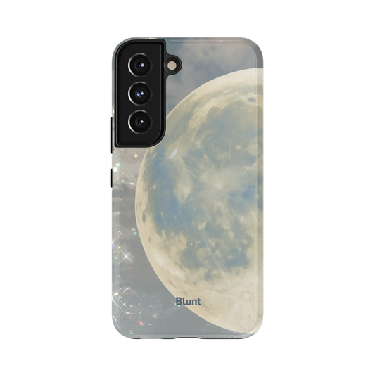 Moonspell Samsung Case: a celestial full moon surrounded by twinkling stars on grey