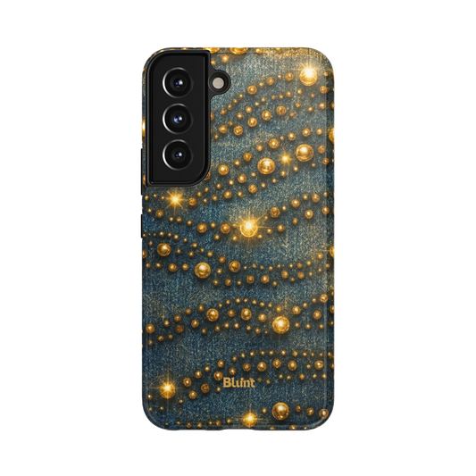Luxxe Denim Samsung Case: shimmering gold beads cascading over rich blue denim