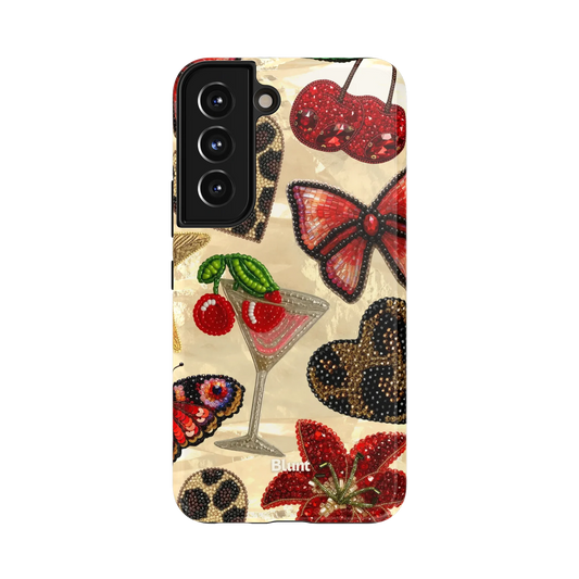 Butterfly Garden Samsung Case: beaded red cherries and martini glasses on a beige background
