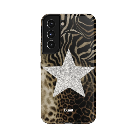Zebra Star Samsung Case: a sparkling silver star on a zebra and leopard print background