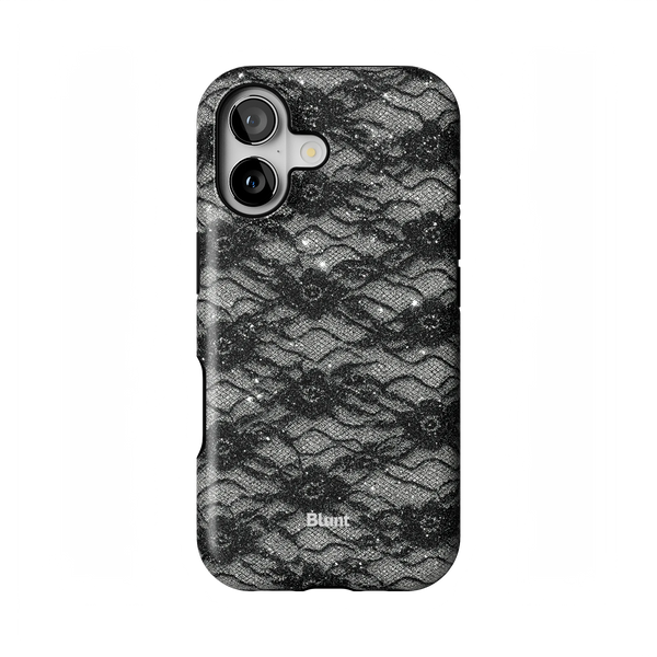 Veil iPhone Case: ornate black lace details on a dark, textured surface