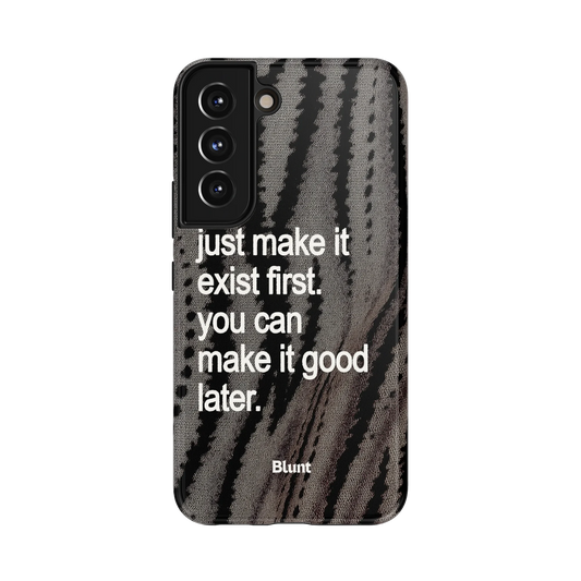 Exist First Samsung Case: bold white text over a textured grey animal print background