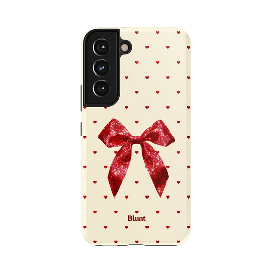 Gift Wrapped Samsung Case: a sparkling red bow surrounded by petite hearts on beige