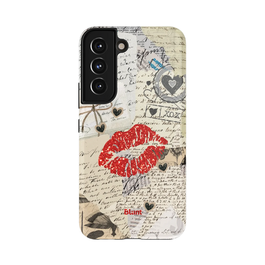 Vintage Kiss Samsung Case: red lips and handwritten letters on a beige background