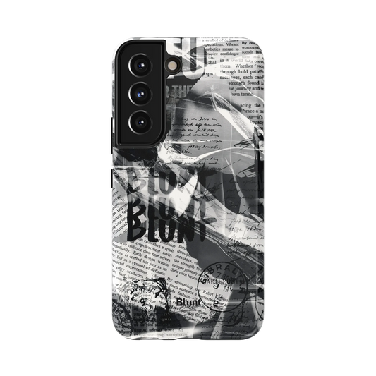 Black Love Letter Samsung Case: layered black and white text over a collage of letters