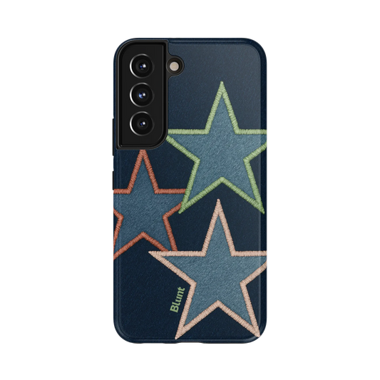 Neon Stars Samsung Case: vibrant neon stars on a rich denim background