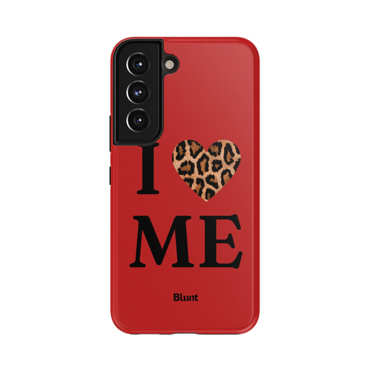 Red I Love Me Samsung Case: a leopard print heart and black typography on deep red