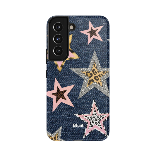 Starlette Collage Samsung Case: pink and leopard-print stars on a denim background