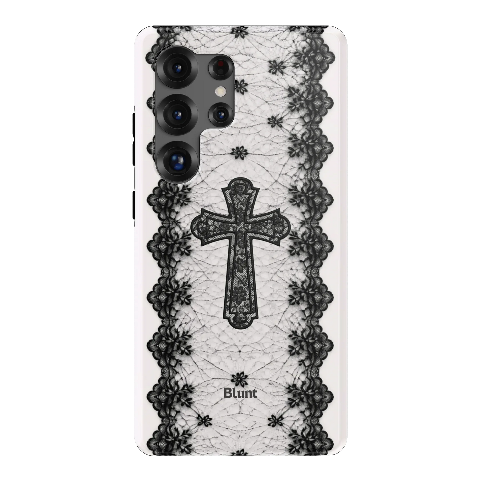 Holy Laced Samsung Case: an intricate black lace cross on a white background