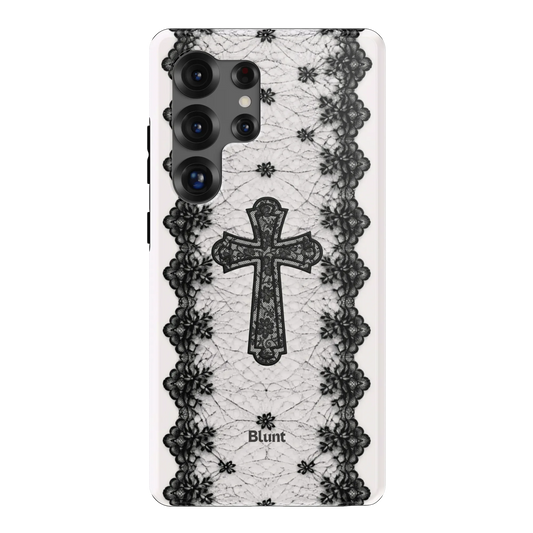 Holy Laced Samsung Case: an intricate black lace cross on a white background