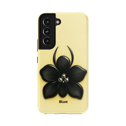 Celene Samsung Case: a striking black flower with metallic beads against a pale yellow ground