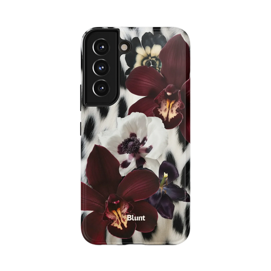 Mythic Samsung Case: lush dark red and white flowers atop a spotted fur background
