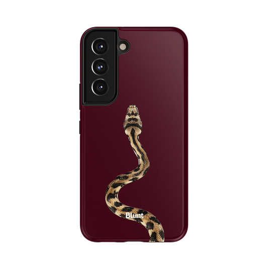 Rouge Serpent Samsung Case: a coiled brown-patterned snake centered on a rich maroon backdrop