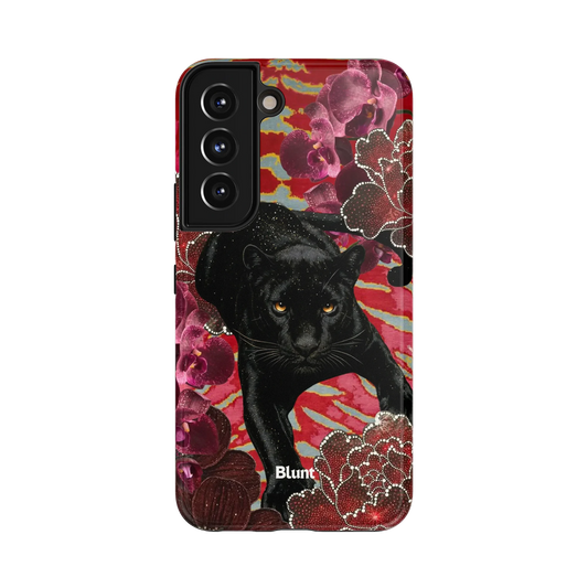 Sakura Noir Samsung Case: a black panther amidst rich red and purple flowers on a textured background