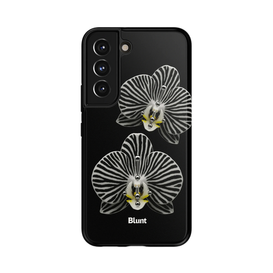 Shadow Petal Samsung Case: striking zebra-patterned orchids contrasted against a deep black field