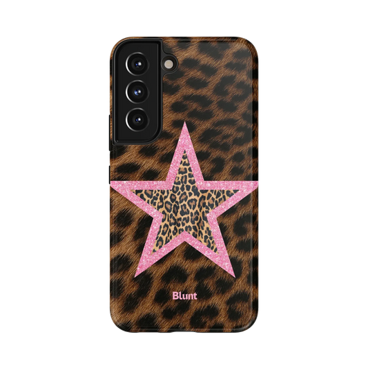 Pink Cheetah Starlette Samsung Case: a central pink star overlaying a brown leopard print background