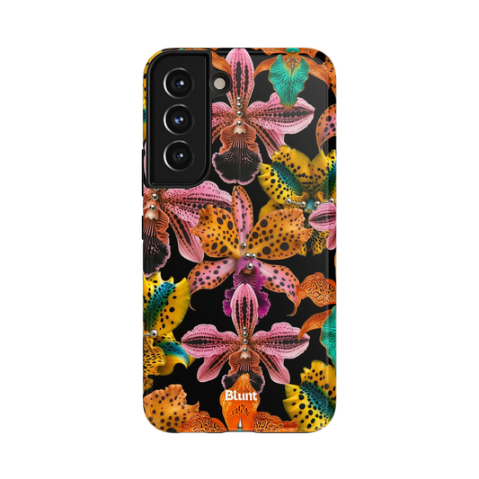 Paradise Heat Samsung Case: vibrant orchids in pink and orange on a black background